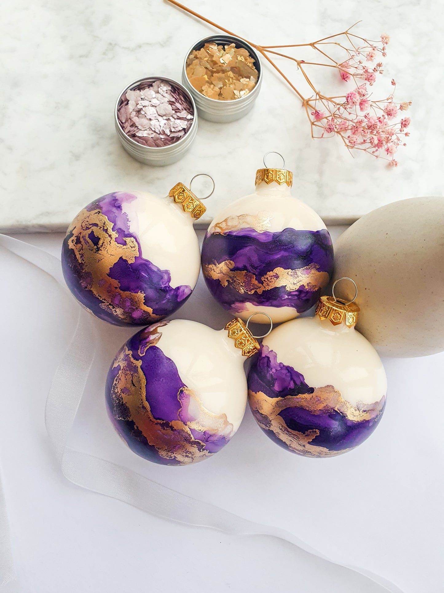 4 Ivory Purple & Gold Glass Baubles / Hand Painted With Alcohol Inks