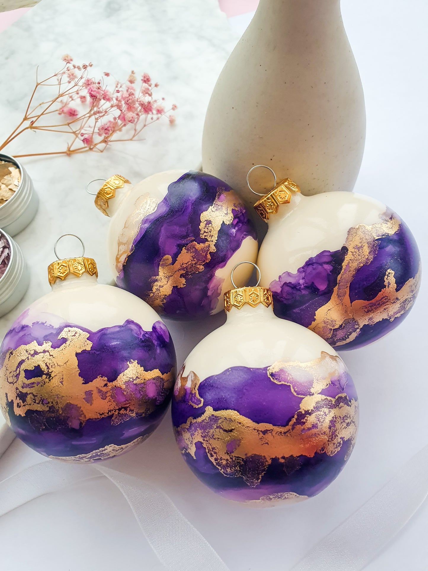 4 Ivory Purple & Gold Glass Baubles / Hand Painted With Alcohol Inks