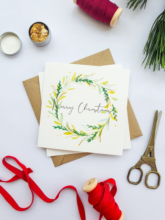 Green Wreath Christmas Greetings Card - Illustrated Watercolour Artwork