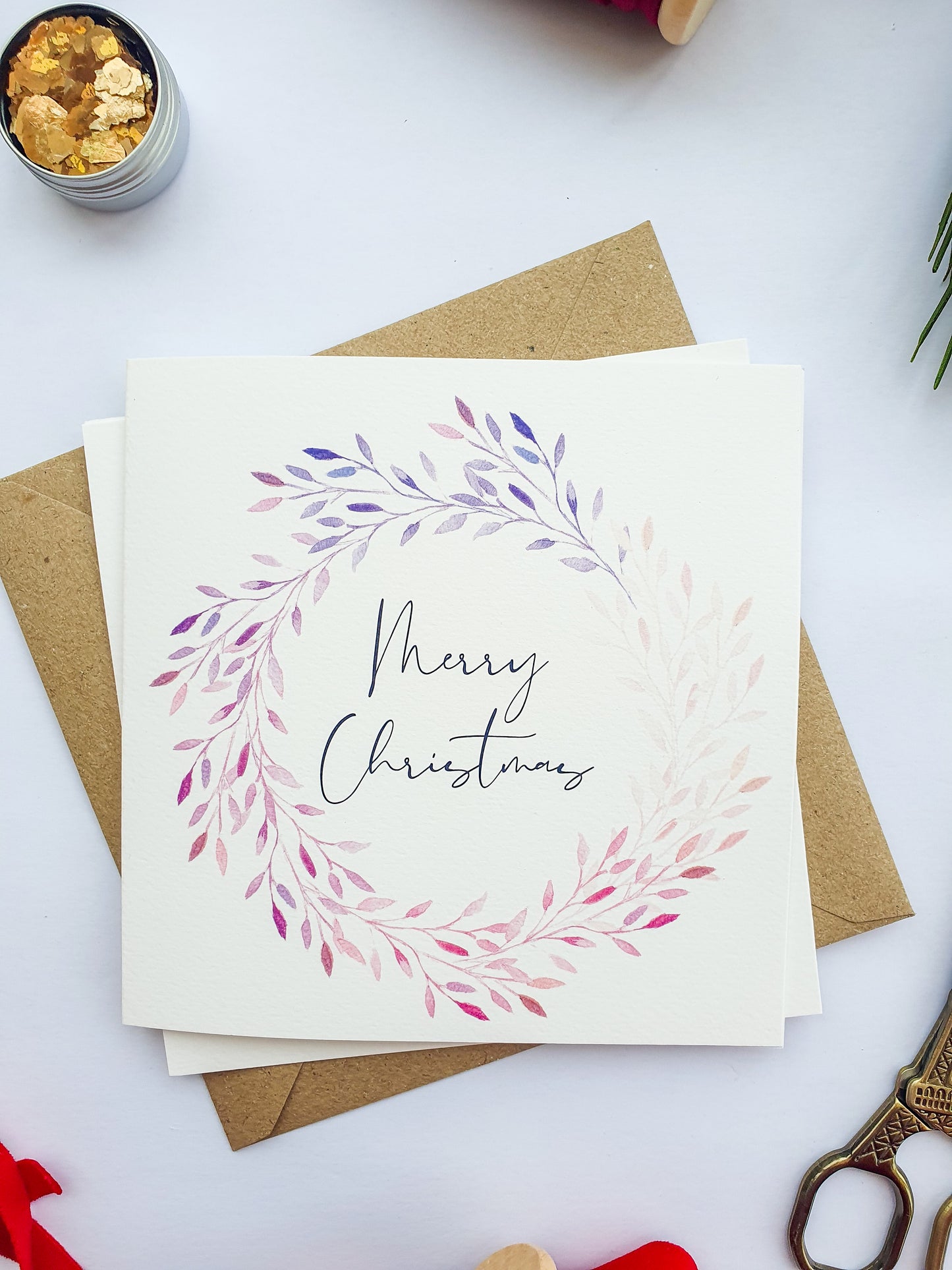 Pink & Purple Wreath Christmas Greetings Card - Illustrated Watercolour Artwork