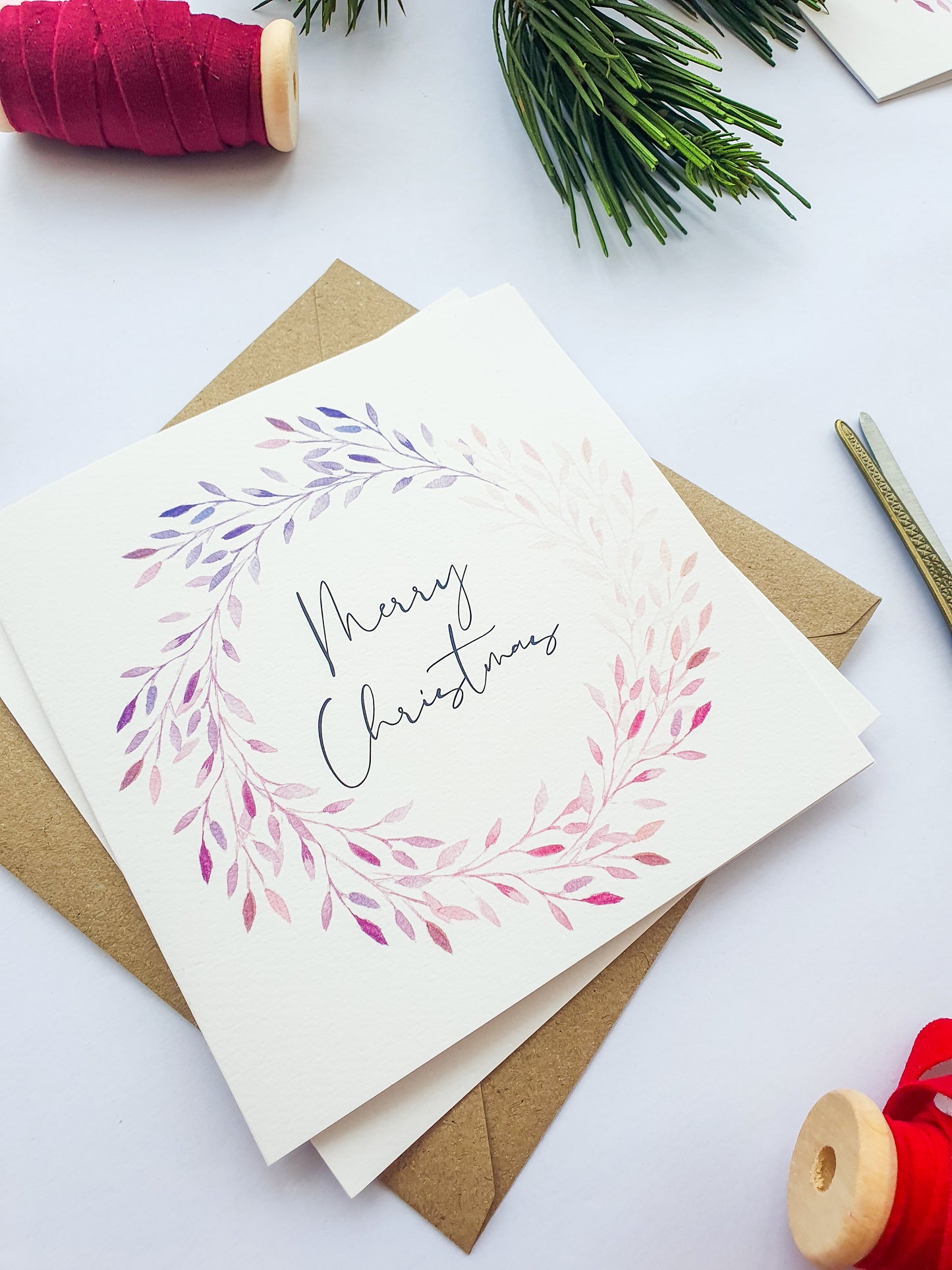 Pink & Purple Wreath Christmas Greetings Card - Illustrated Watercolour Artwork