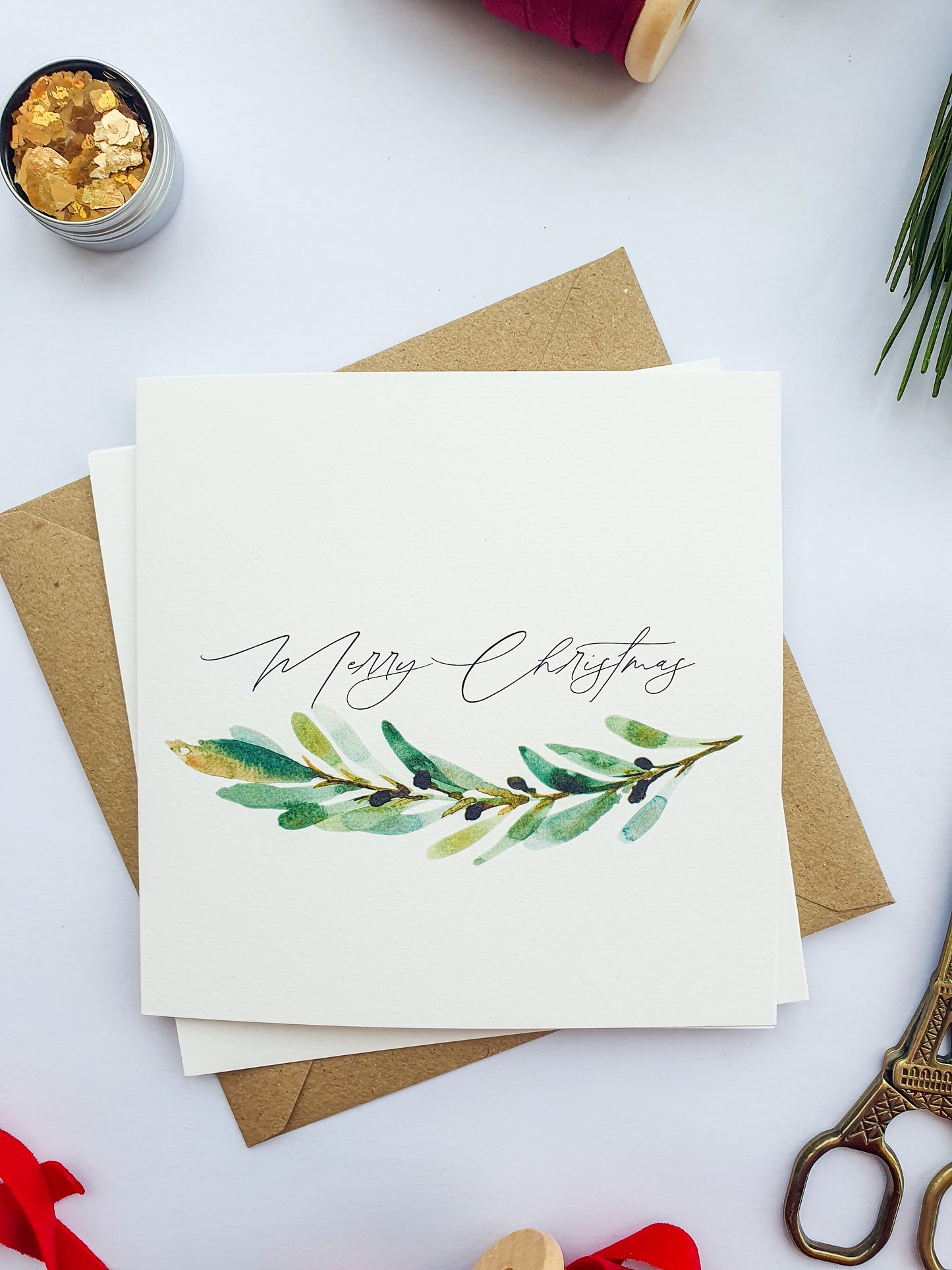 Olive Branch Christmas Greetings Card - Illustrated Watercolour Artwork